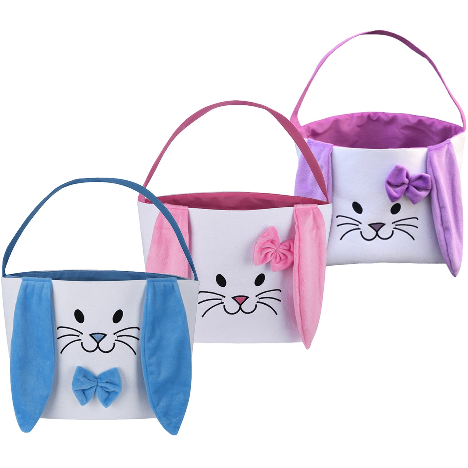 3Pcs Easter Bunny Basket for Kids- Canvas Cotton Carrying Gift and Eggs Hunt Bag, with Long Plush Ear Printed Rabbit Toys Bucket Tote Bags for Girls & Boys (Pink, Purple, Blue)