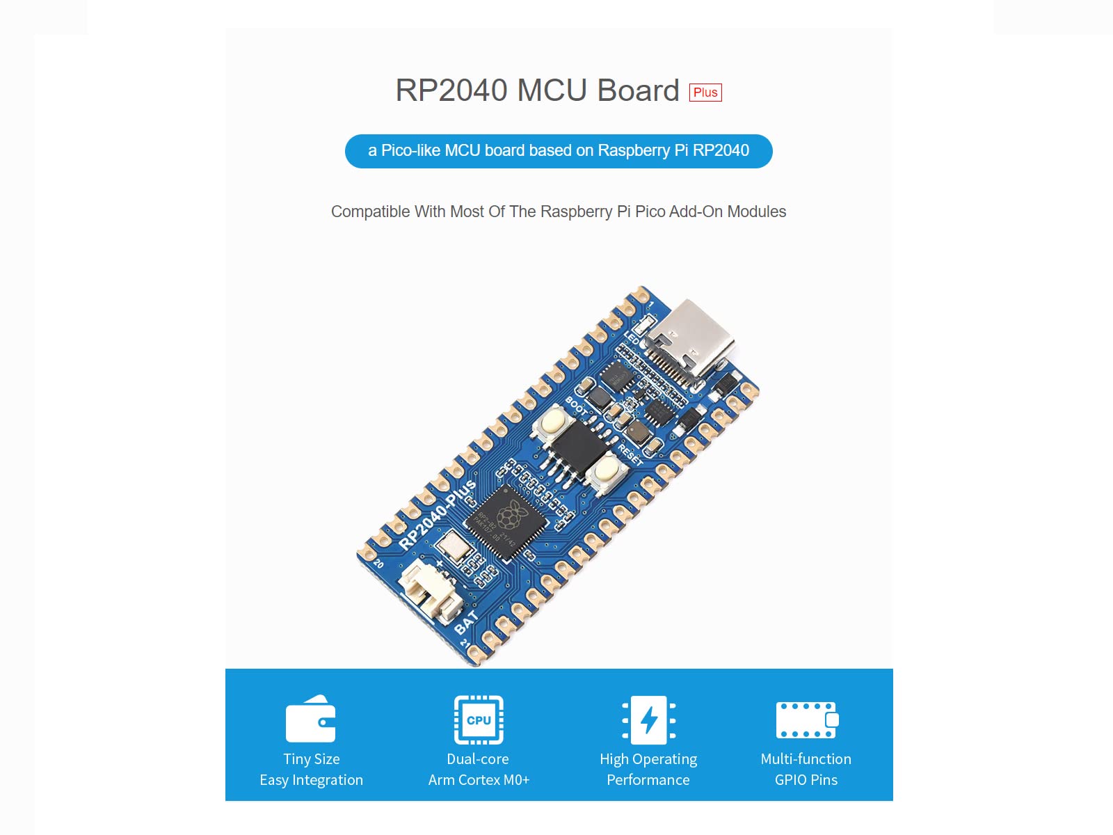 waveshare RP2040-Plus Mini Board with Pre-Soldered Header Pico-Like MCU Board Based on Raspberry Pi RP2040 Chip,Dual-core Arm Cortex M0+ Processor,USB-C Connector,16MB Flash,Higher Current DC-DC Chip