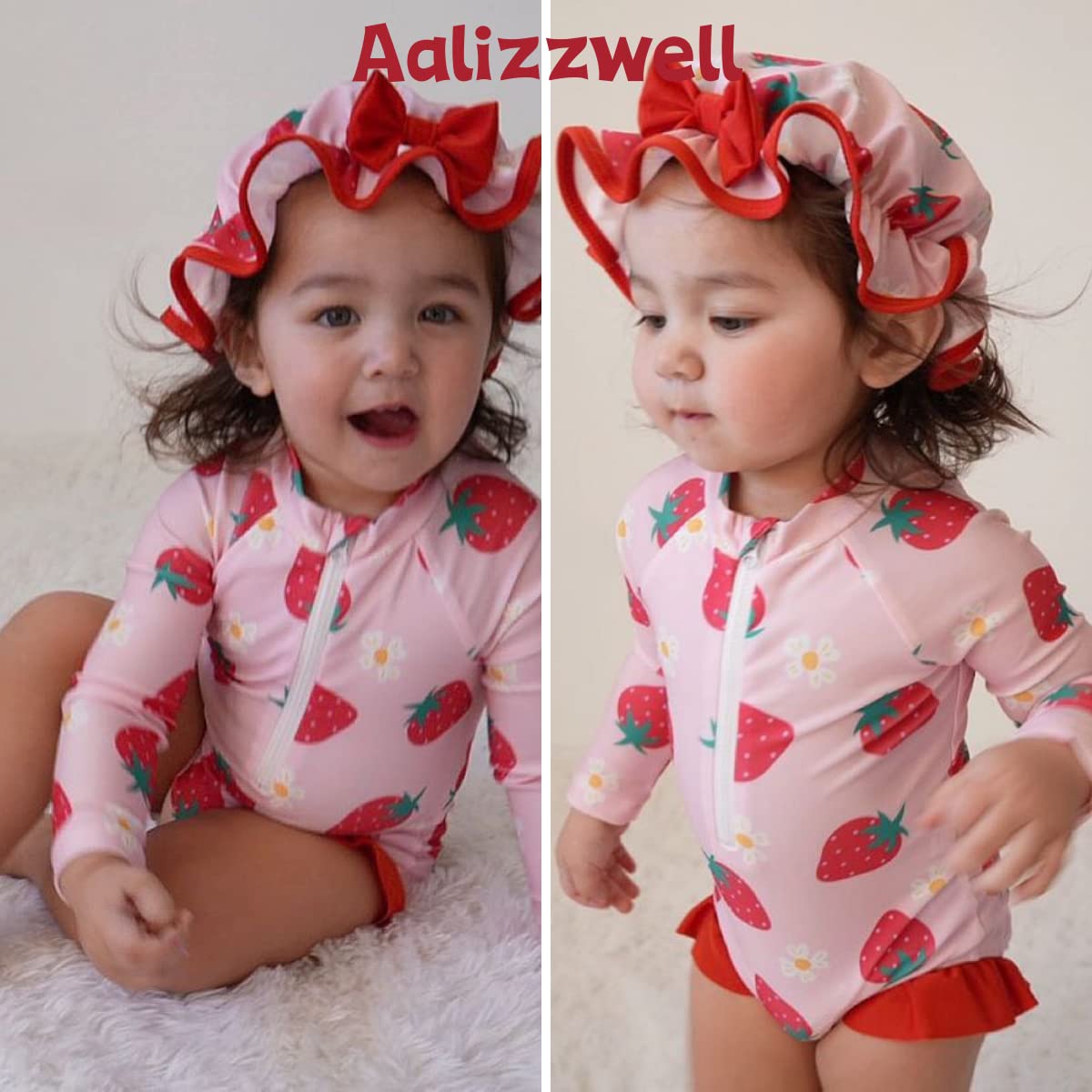 Aalizzwell Infant Baby Girls One Piece Long Sleeve Swimsuit Strawberry Bathing Suit Zip Up Swimwear Beach Wear 3-6 Months Fruit