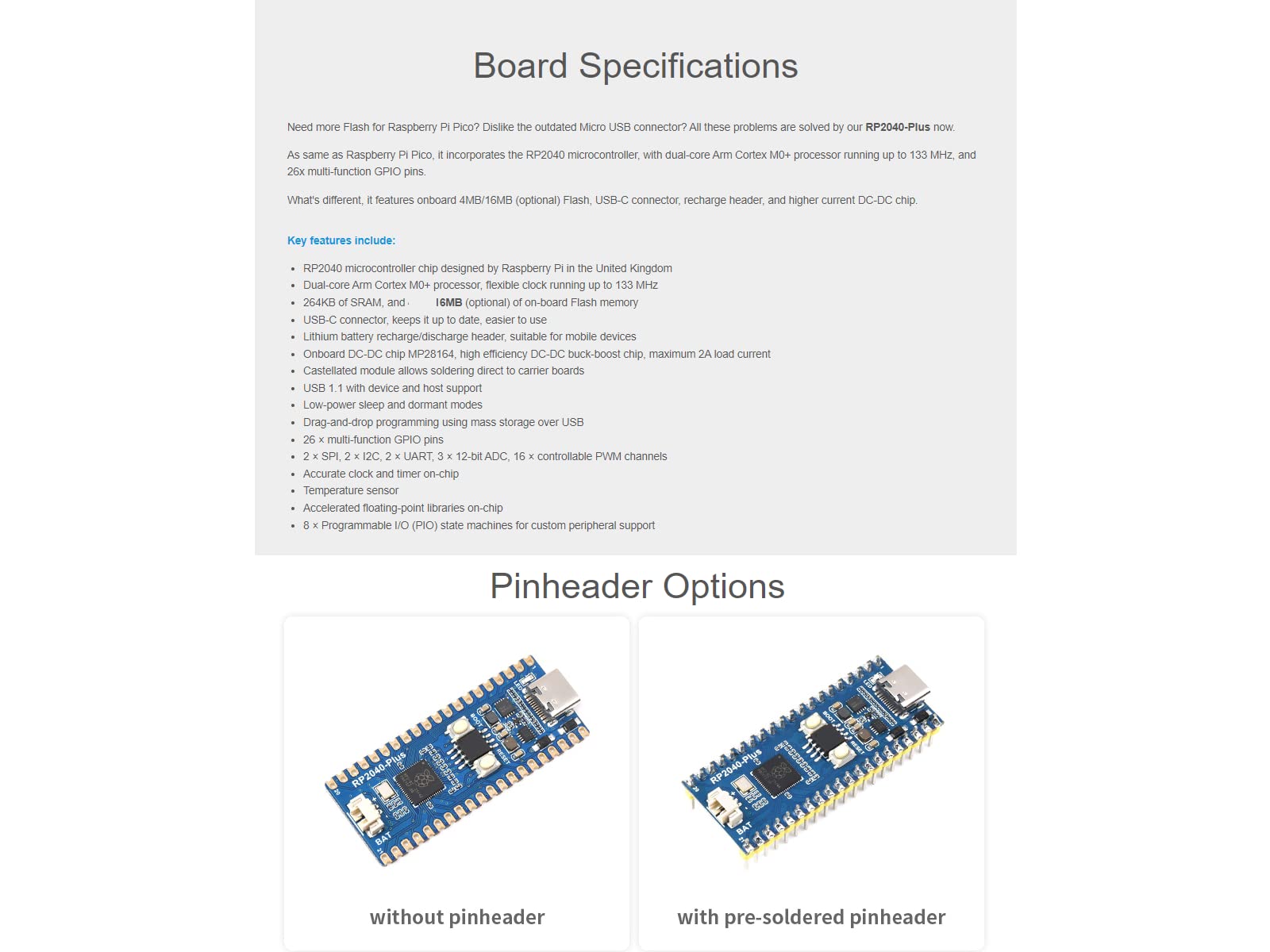 waveshare RP2040-Plus Mini Board with Pre-Soldered Header Pico-Like MCU Board Based on Raspberry Pi RP2040 Chip,Dual-core Arm Cortex M0+ Processor,USB-C Connector,16MB Flash,Higher Current DC-DC Chip