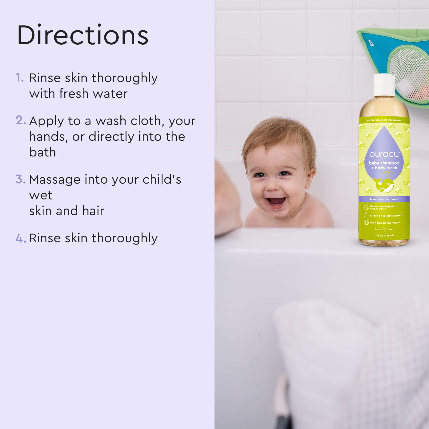 Puracy Baby Shampoo & Body Wash for Children - Pure Ingredients with 12 Fruit & Vegetable Extracts for Silky Smooth Skin, Gentle Lavender Chamomile Aroma, Baby Shampoo, Baby Body Wash 12 Oz (2-Pk)