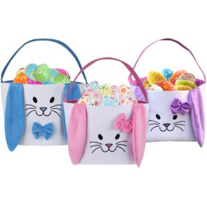 3pcs easter bunny basket for kids- canvas cotton carrying gift and eggs hunt bag, with long plush ear printed rabbit toys bucket tote bags for girls & boys (pink, purple, blue)