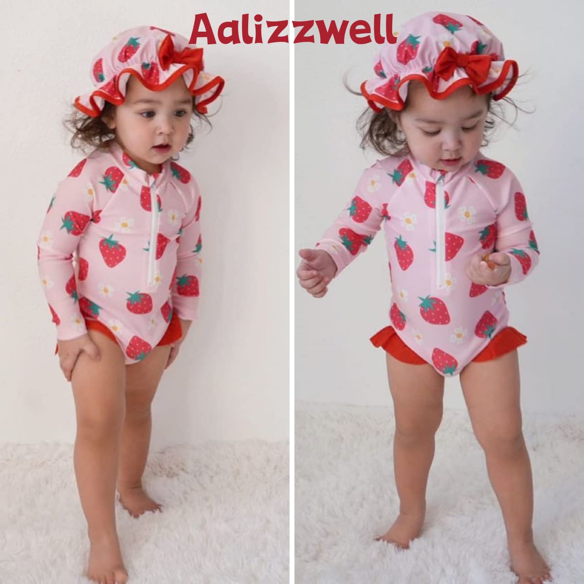 Aalizzwell Infant Baby Girls One Piece Long Sleeve Swimsuit Strawberry Bathing Suit Zip Up Swimwear Beach Wear 3-6 Months Fruit