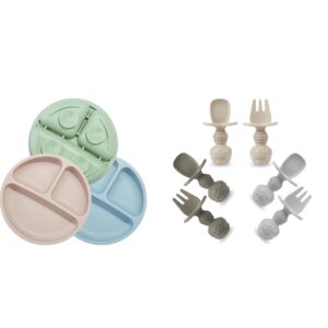 pandaear divided unbreakable silicone baby and toddler plates & baby spoons and fork feeding set