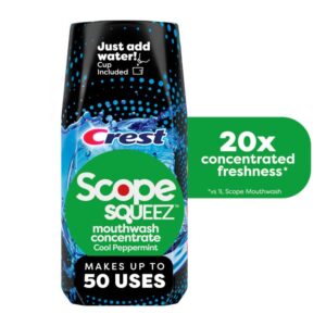 crest scope squeez mouthwash concentrate, cool peppermint flavor, 50ml bottle, equal uses up to 1l bottle *vs 1l scope outlast mouthwash, squeez to control the strength