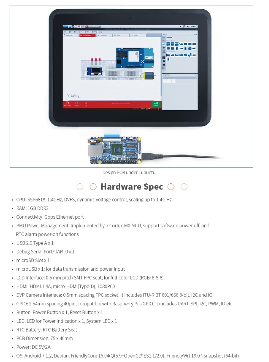 NanoPi Fire3-LTS Open Source S5P6818 1.4GHz DDR3 1GB RAM Single Board Computer Onboard Gigabit Ethernet USB 2.0 HDMI Debug 40pinGPIO Port for AI Development Support Android Debian UbuntuCore+Qt