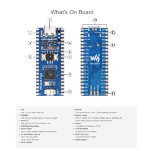 waveshare RP2040-Plus Mini Board with Pre-Soldered Header Pico-Like MCU Board Based on Raspberry Pi RP2040 Chip,Dual-core Arm Cortex M0+ Processor,USB-C Connector,16MB Flash,Higher Current DC-DC Chip