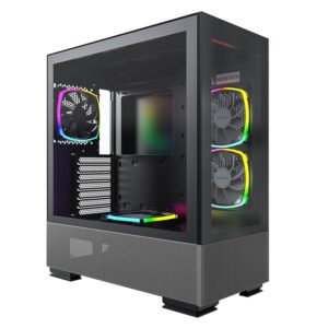 montech sky two, dual tempered glass, 4x pwm argb fans pre-installed, atx gaming mid tower computer case, type c, high airflow performance- black