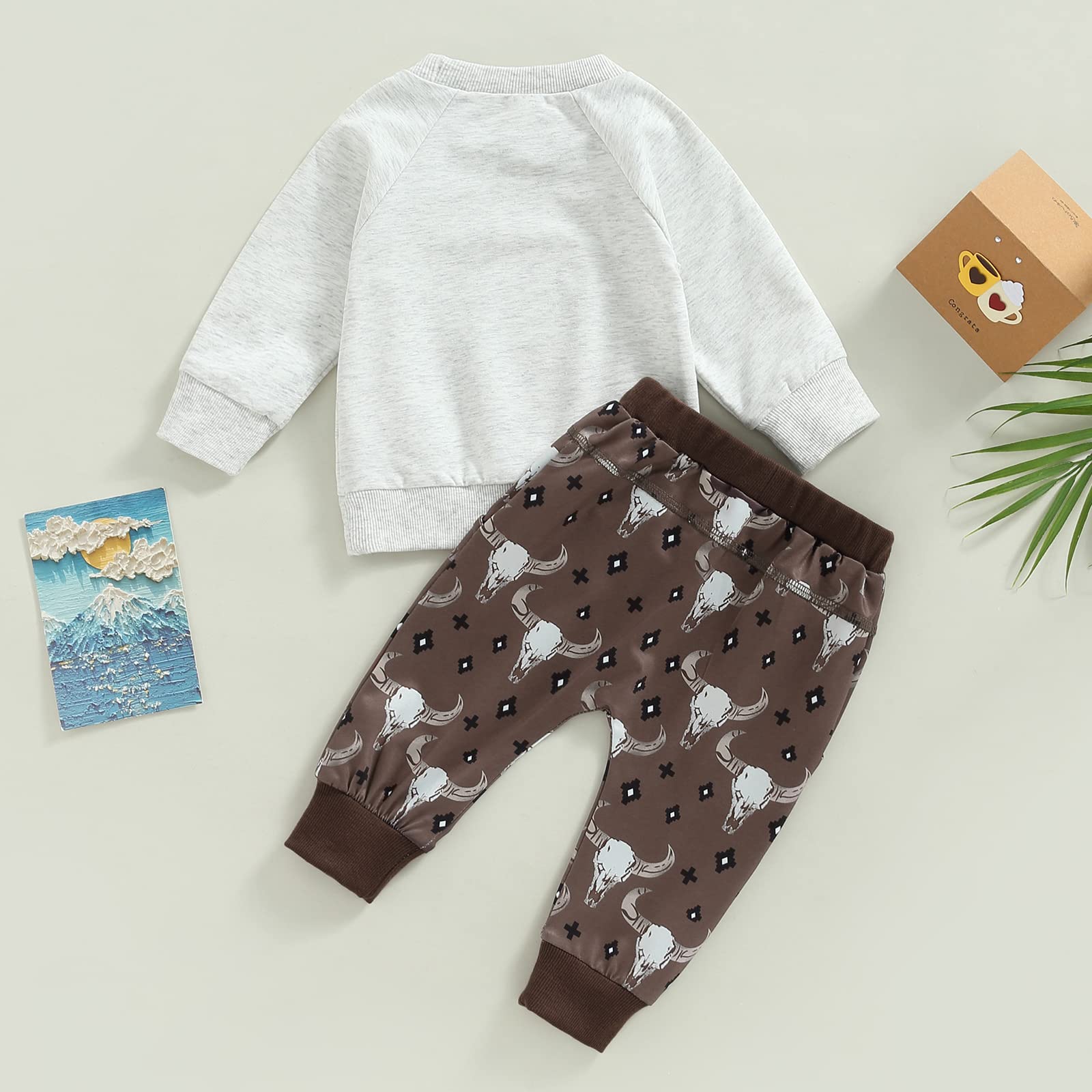 Omkzanbi Baby Western Cowboy Clothes Cow Printed Sweatshirt Pullover Retro Boho Jogger Pants Toddlers Boy Fall Winter Outfit (Howdy Western Cowboy Suit, 18-24 Months)