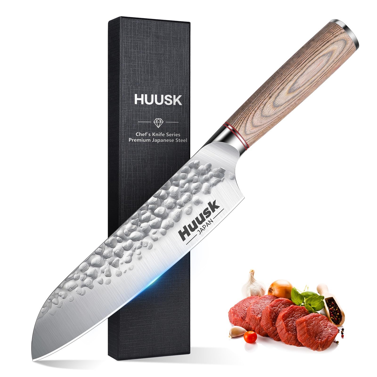 Huusk Japan Knife 7-Inch Santoku Chef Knife Professional Hand Forged High Carbon Steel Kitchen Knife, Japanese Santoku Knife for Meat Vegetables - Wood Handle, Father's Day Christmas Gift Men Women