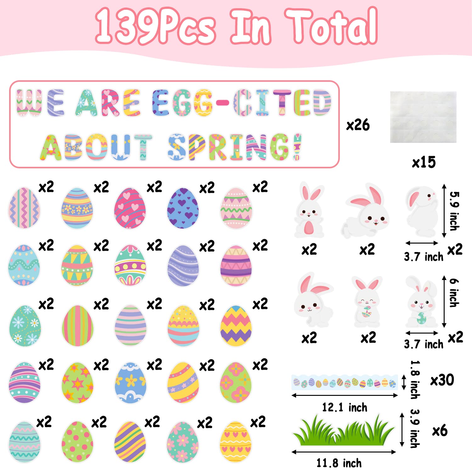 AsodSway Easter Bunny Egg Cutouts - 139Pcs Easter Bunny Spring Egg Bulletin Board Cutouts Set Contain Egg Bunny Grass Border with We are Egg Cited about Spring Character Happy Easter Spring Season