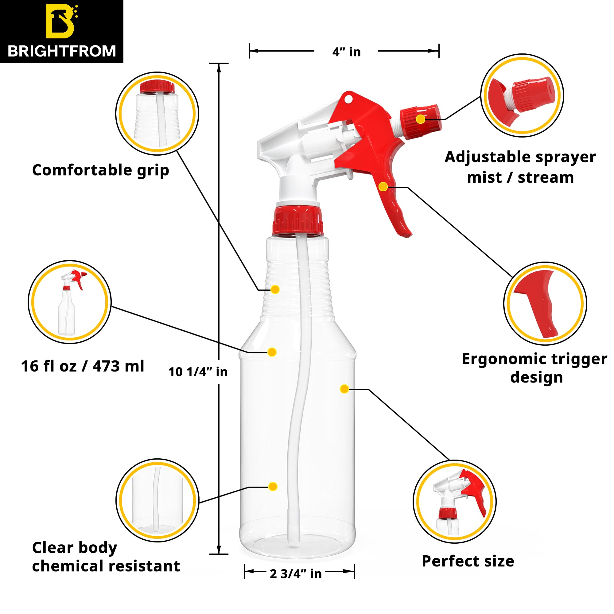 BRIGHTFROM Plastic Spray Bottle, 16 OZ Empty, Adjustable Trigger Spray Fine to Stream - Leak Proof, Clear, Refillable, Heavy Duty for Hair Salons, Cleaning, Cooking (Household/Commercial)