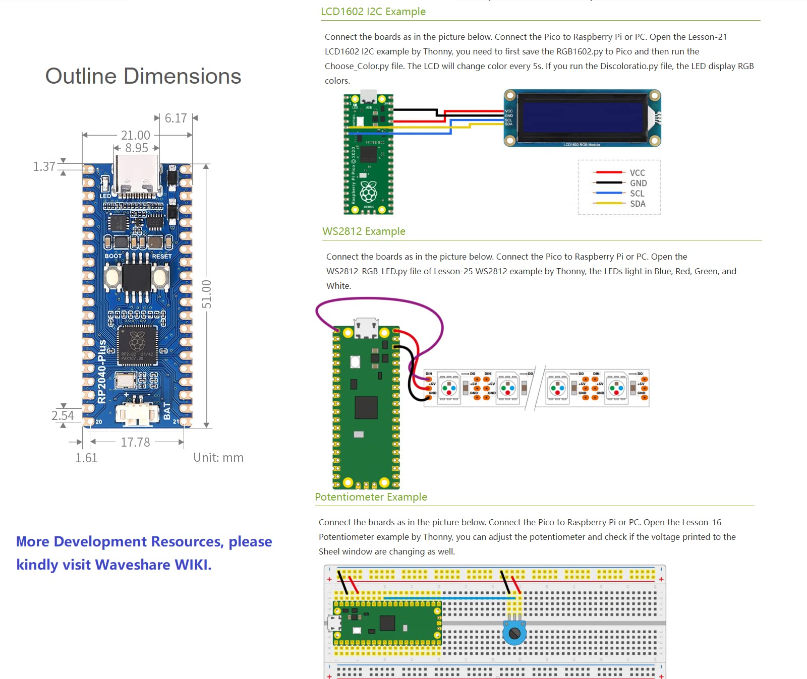 waveshare RP2040-Plus Mini Board with Pre-Soldered Header Pico-Like MCU Board Based on Raspberry Pi RP2040 Chip,Dual-core Arm Cortex M0+ Processor,USB-C Connector,16MB Flash,Higher Current DC-DC Chip