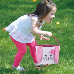 3Pcs Easter Bunny Basket for Kids- Canvas Cotton Carrying Gift and Eggs Hunt Bag, with Long Plush Ear Printed Rabbit Toys Bucket Tote Bags for Girls & Boys (Pink, Purple, Blue)