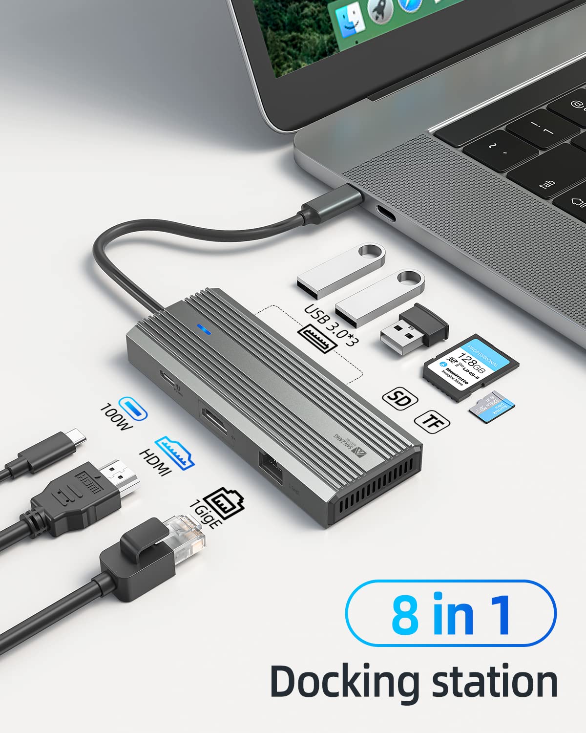 USB C Hub, SANZANG 8 in 1 USB-C Docking Station to HDMI Adapter, 4K@60Hz HDMI, 1Gbps Ethernet,100W Pass-Through Charging, SD/TF Card Slot,5Gbps 3.0 High Speed for MacBook