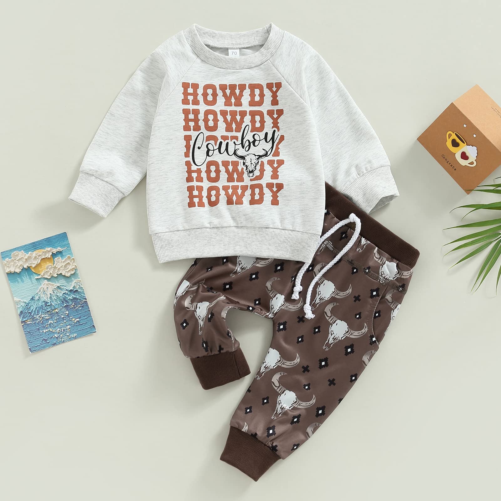 Omkzanbi Baby Western Cowboy Clothes Cow Printed Sweatshirt Pullover Retro Boho Jogger Pants Toddlers Boy Fall Winter Outfit (Howdy Western Cowboy Suit, 18-24 Months)