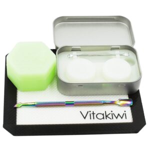 vitakiwi silicone wax carving travel kit with 5ml 26ml hexagon concentrate containers + 5.2" rainbow tool + 5.9"×4.9" mat + tin carrying box (glow in the dark)