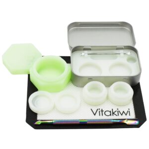 Vitakiwi Silicone Wax Carving Travel Kit with 5ml 26ml Hexagon Concentrate Containers + 5.2" Rainbow Tool + 5.9"×4.9" Mat + Tin Carrying Box (Glow In The Dark)