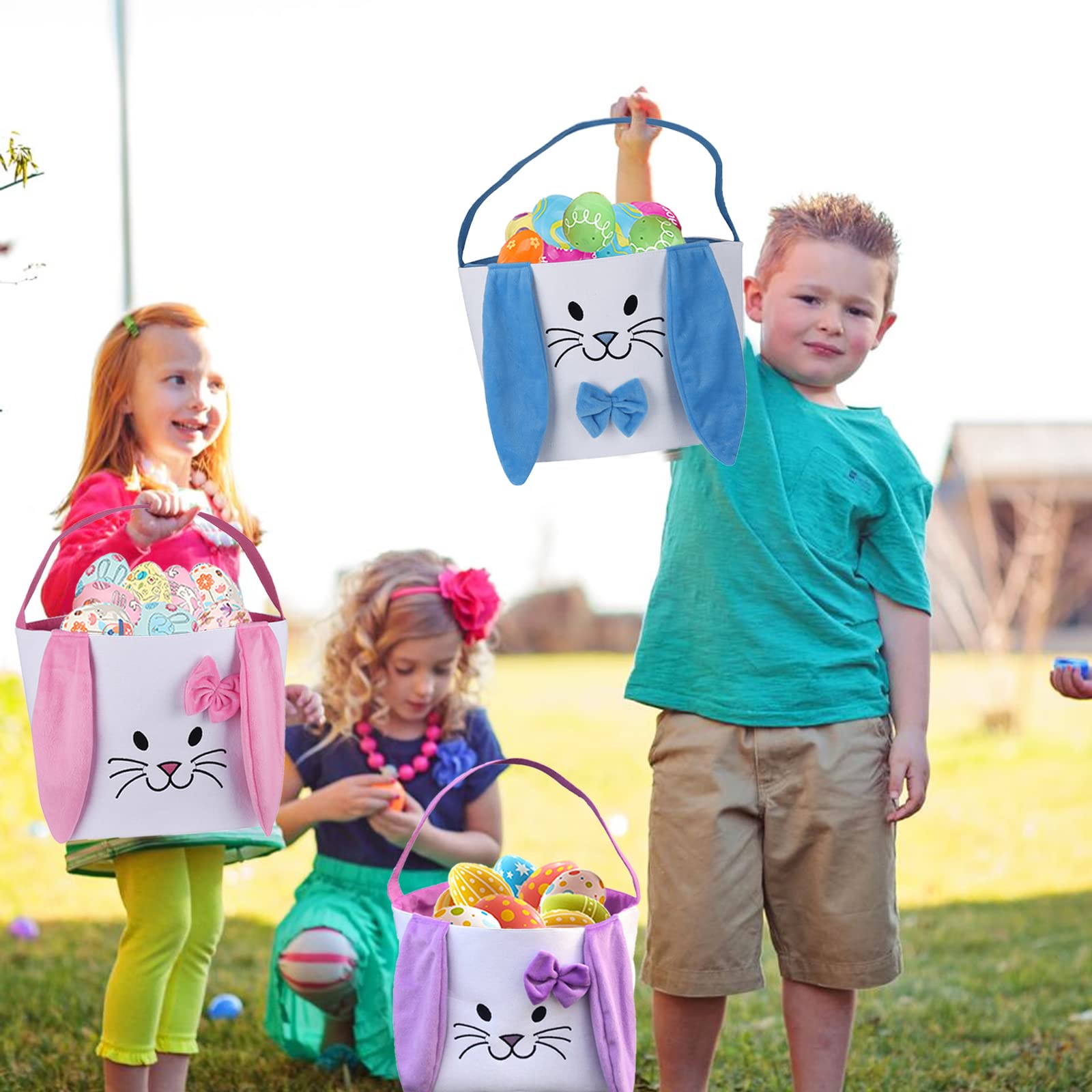 3Pcs Easter Bunny Basket for Kids- Canvas Cotton Carrying Gift and Eggs Hunt Bag, with Long Plush Ear Printed Rabbit Toys Bucket Tote Bags for Girls & Boys (Pink, Purple, Blue)