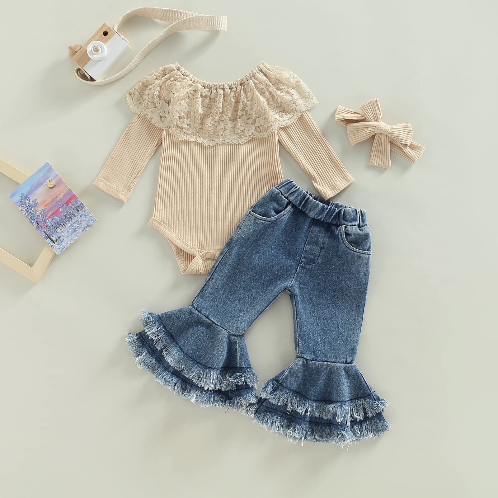 fhutpw Newborn Baby Girl Clothes Infant Rib Frill Long Sleeve Romper Flared Pants Headband Set 3pcs Fall Winter Outfits (B- Apricot + Flared Jeans, 6-9 Months)