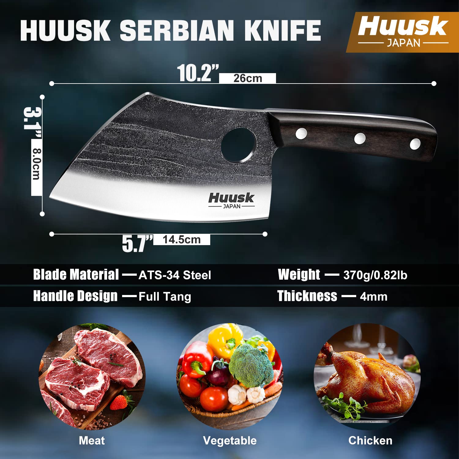 Huusk Serbian Chef Knife with Full Tang Handle Bundle with 7.7" Black Titanium Coated Blade