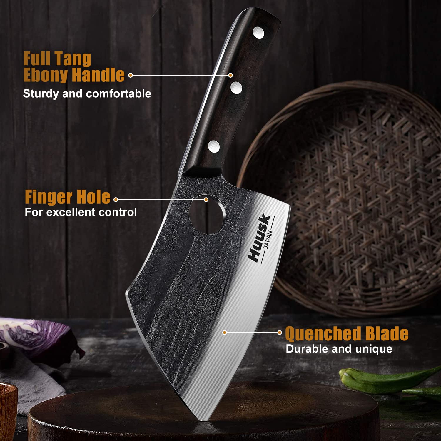 Huusk Serbian Chef Knife with Full Tang Handle Bundle with 7.7" Black Titanium Coated Blade