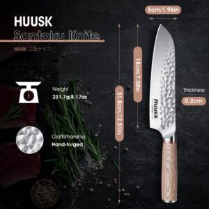 Huusk Japan Knife 7-Inch Santoku Chef Knife Professional Hand Forged High Carbon Steel Kitchen Knife, Japanese Santoku Knife for Meat Vegetables - Wood Handle, Father's Day Christmas Gift Men Women