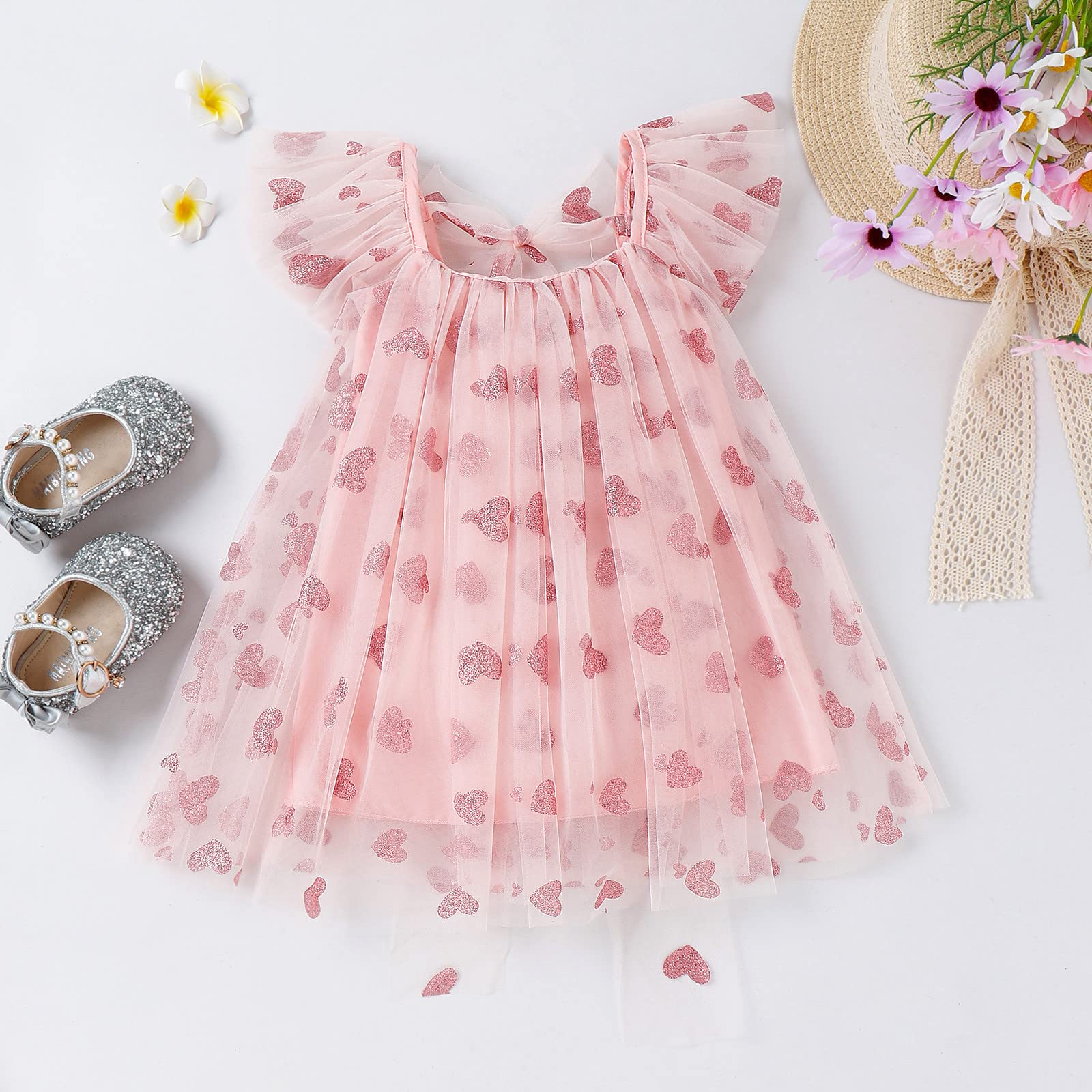 Valentine's Day Baby Girl Tulle Dress Kids Heart Tutu Skirt Lace Sleeveless Princess Sundress (Pink,12-18M)