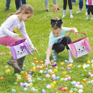 3Pcs Easter Bunny Basket for Kids- Canvas Cotton Carrying Gift and Eggs Hunt Bag, with Long Plush Ear Printed Rabbit Toys Bucket Tote Bags for Girls & Boys (Pink, Purple, Blue)