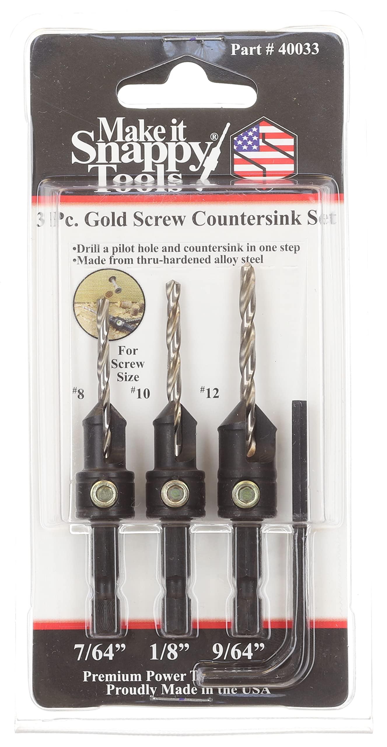 Make it Snappy Tools Quick-Change 3-Pc. Countersink Drill Bit Set. Proudly Made in The USA.