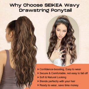 SEIKEA 26" Ponytail Extension Drawstring Ponytail，PT003 Eva for Women Long Thick Wavy Clip in Hair Extensions Ponytail Natural Soft Synthetic Hairpiece for Women Dark Chocolate Brown