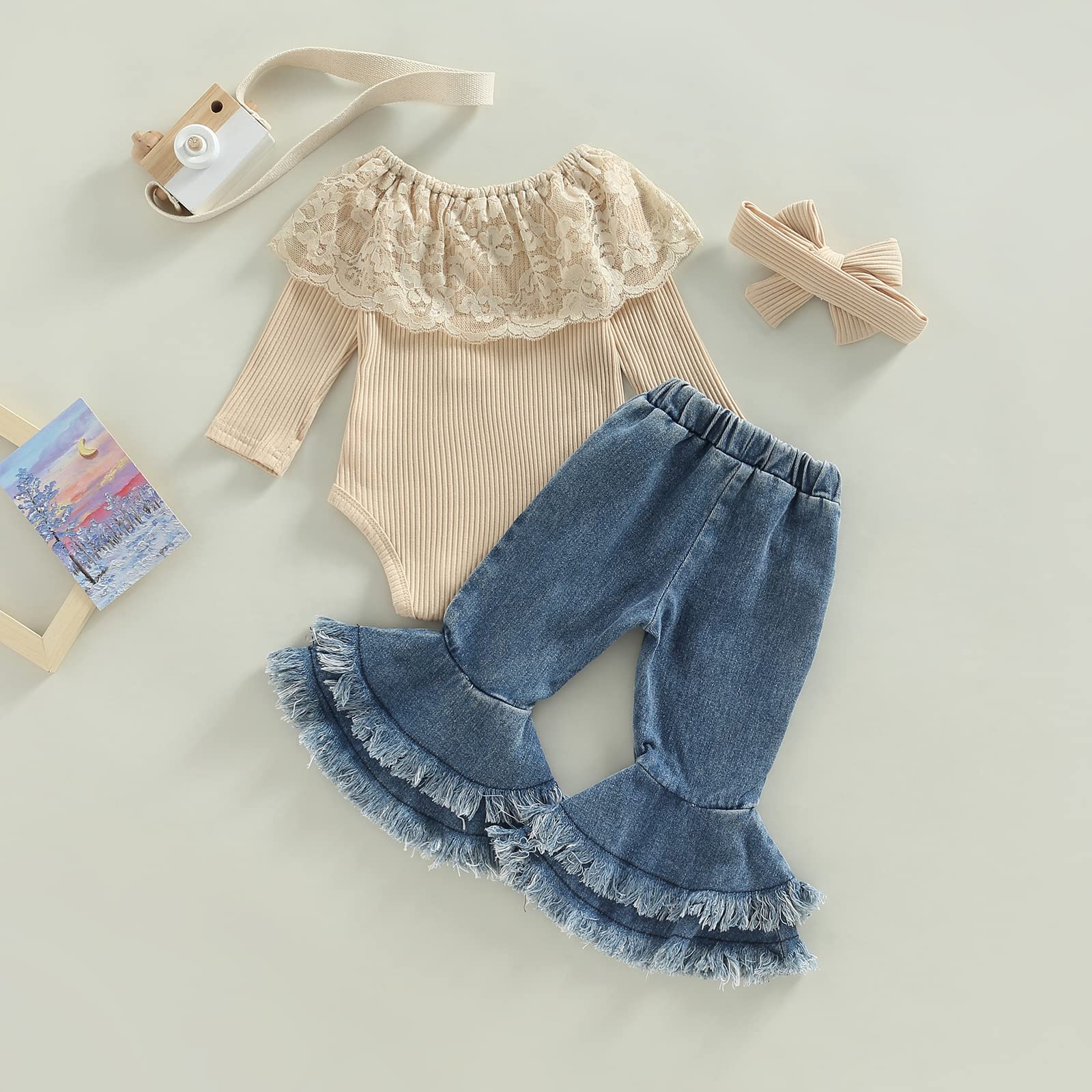 fhutpw Newborn Baby Girl Clothes Infant Rib Frill Long Sleeve Romper Flared Pants Headband Set 3pcs Fall Winter Outfits (B- Apricot + Flared Jeans, 6-9 Months)