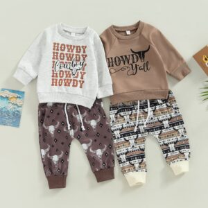 Omkzanbi Baby Western Cowboy Clothes Cow Printed Sweatshirt Pullover Retro Boho Jogger Pants Toddlers Boy Fall Winter Outfit (Howdy Western Cowboy Suit, 18-24 Months)