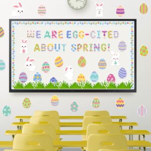 AsodSway Easter Bunny Egg Cutouts - 139Pcs Easter Bunny Spring Egg Bulletin Board Cutouts Set Contain Egg Bunny Grass Border with We are Egg Cited about Spring Character Happy Easter Spring Season