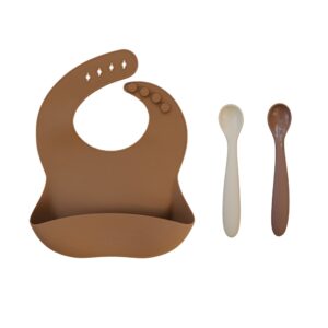 mebie baby silicone bib and silicone spoon set, brown, cream, and dusty rose, baby bibs for boy or girl, silicone baby and toddler spoons for snacks and meal time