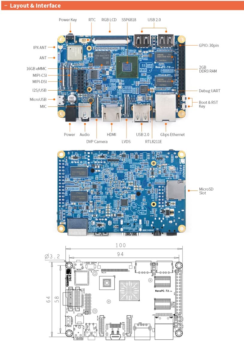 NanoPC-T3 Plus Open Source Single Board Computer with Gbit Ethernet Ports 2GB 32bit DDR3 RAM 16GB eMMC Based in S5P6818 Soc Support Android5.1 UbuntuCore+Qt OS (with Heat Sink and Antenna)