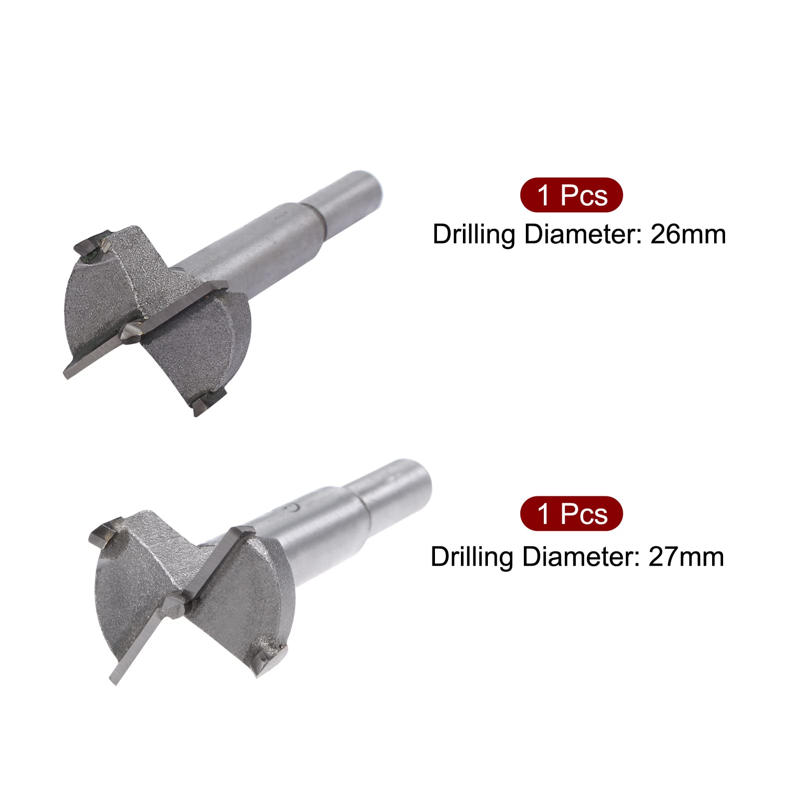 uxcell 26mm & 27mm Forstner Drill Bits, Tungsten Carbide Wood Hole Saw Auger Opener, Woodworking Hinge Hole Drilling Boring Bit Cutter Cutting Tool with Case, 3pcs (Gray)