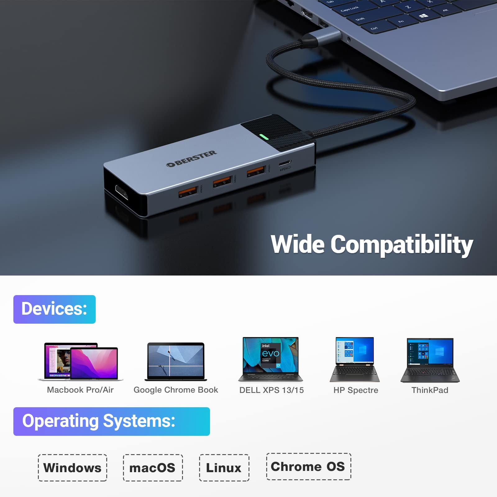 5 in 1 USB C Hub 3.2 Gen 2 10 Gbit/s, USB C Adapter with 4K@60Hz HDMI + 3*USB 3.2 Gen 2 +100W PD, Multiport USB 3.2 Hub for MacBook, Mac Pro, Mac Mini, iMac, Surface Pro, XPS, PC, Flash Drive