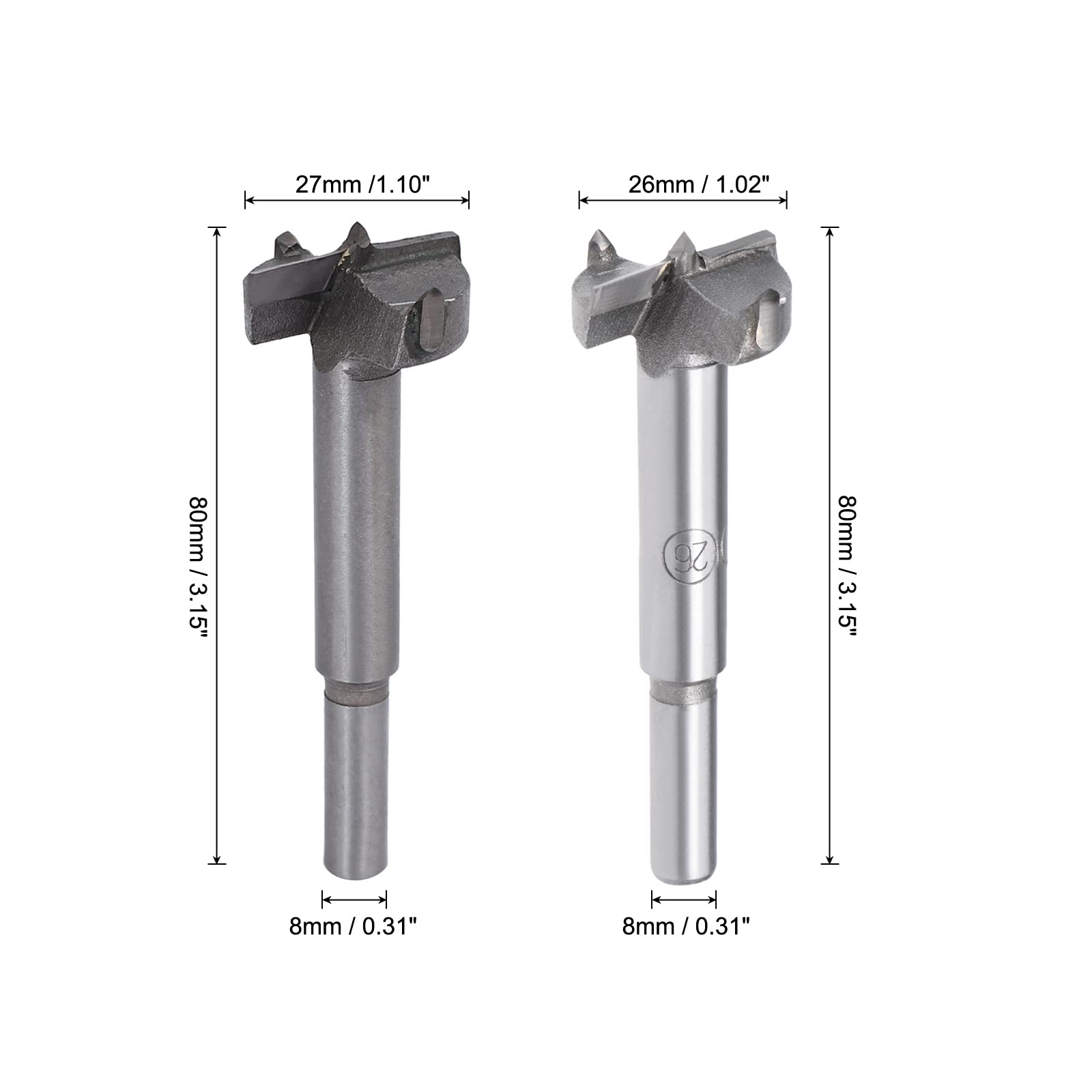 uxcell 26mm & 27mm Forstner Drill Bits, Tungsten Carbide Wood Hole Saw Auger Opener, Woodworking Hinge Hole Drilling Boring Bit Cutter Cutting Tool with Case, 3pcs (Gray)