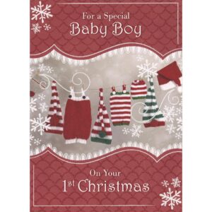 designer greetings festive red, white and green hats and pants on clothesline 1st / first christmas card for baby boy