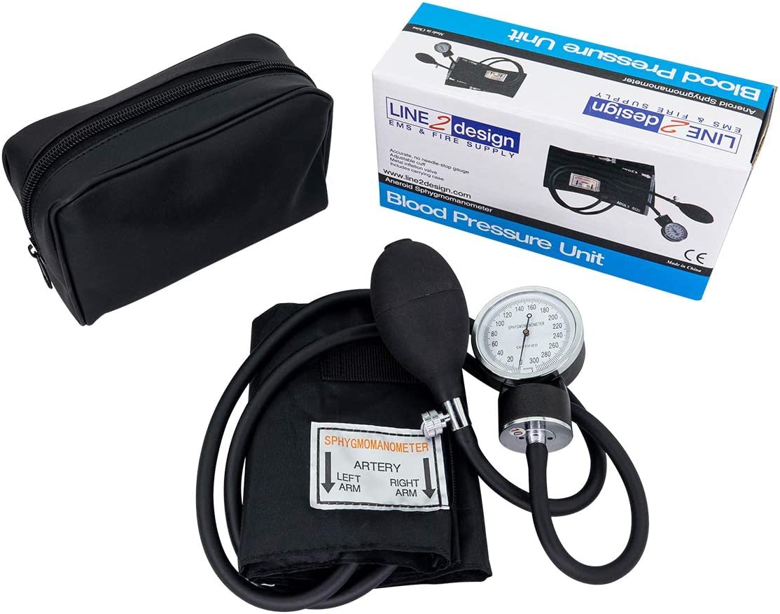 LINE2design Adult Blood Pressure Cuff - School Safety Deluxe Aneroid Sphygmomanometer with Cuff and Carrying Case Trauma Kits Black