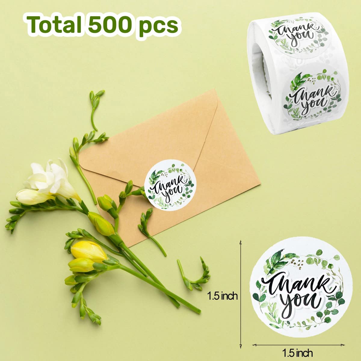 Thank You Stickers, 500Pcs Leaf Thank You Label Stickers 1.5" Leaf Frames Thank You Stickers Roll Greeting Cards Flower Bouquets Self-Adhesive Labels for Gift Wraps Birthday Party Favors