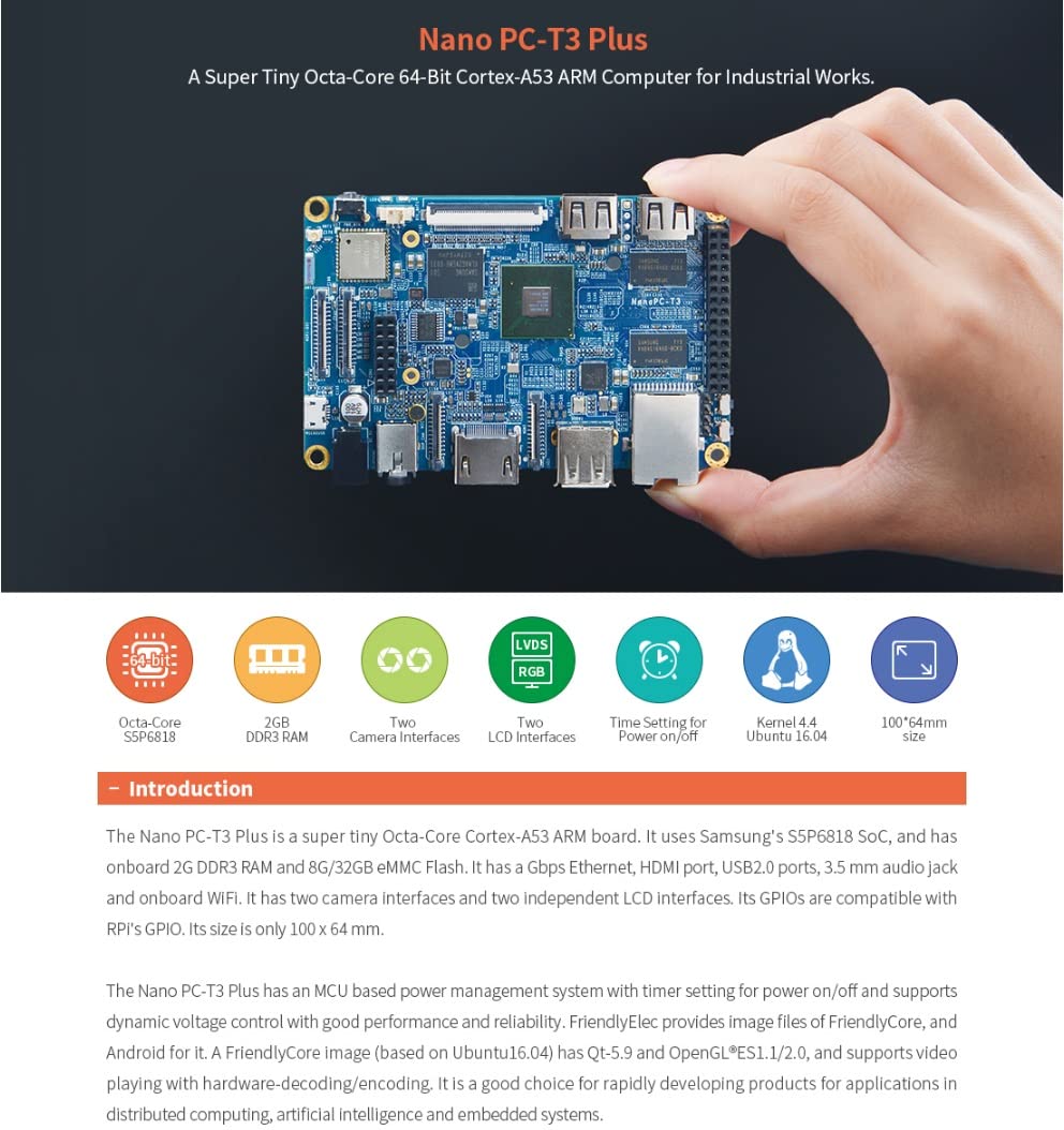 NanoPC-T3 Plus Open Source Single Board Computer with Gbit Ethernet Ports 2GB 32bit DDR3 RAM 16GB eMMC Based in S5P6818 Soc Support Android5.1 UbuntuCore+Qt OS (with Heat Sink and Antenna)