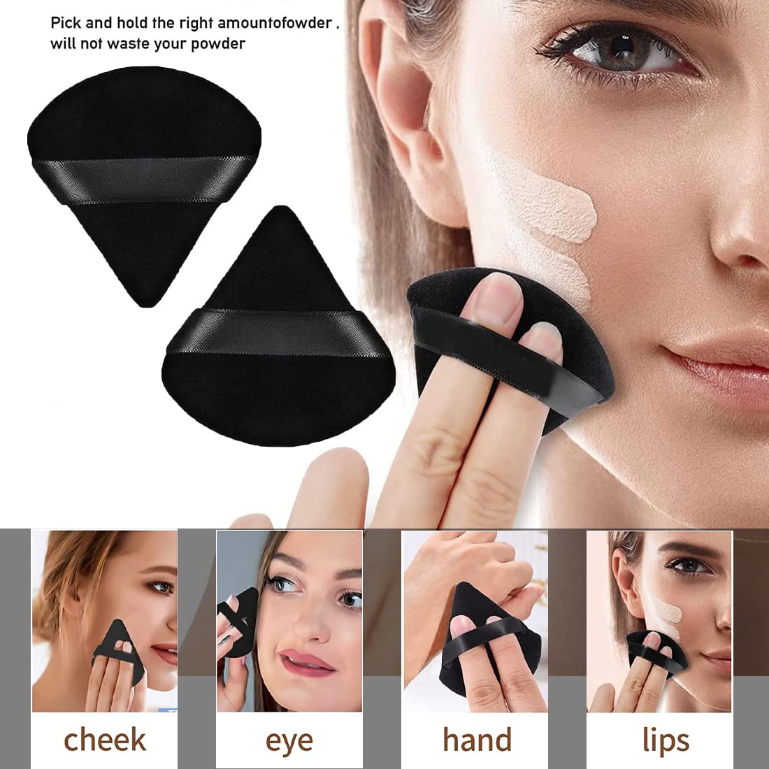 2 Pcs Pure Cotton Triangle Powder Puff,Face Soft Makeup Puff for Loose Powder,Velour Cosmetic Foundation Beauty Makeup Tools Wet Dry-Black