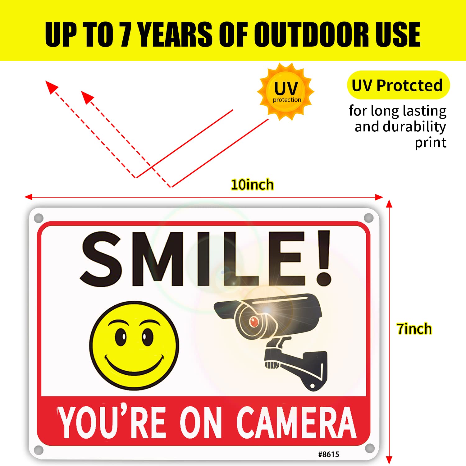 SMILE! You're on Camera" High-Visibility Security Warning Sign, Aluminum, 10x7 Inches, UV Printed, Pack of 4, Outdoor Camera Alert Signage