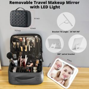 Omobolanle Makeup Bag with Mirror Led Light Detachable Portable Make up Travel Train Case with Adjustable Dividers and 10x Magnifying Mirror Black