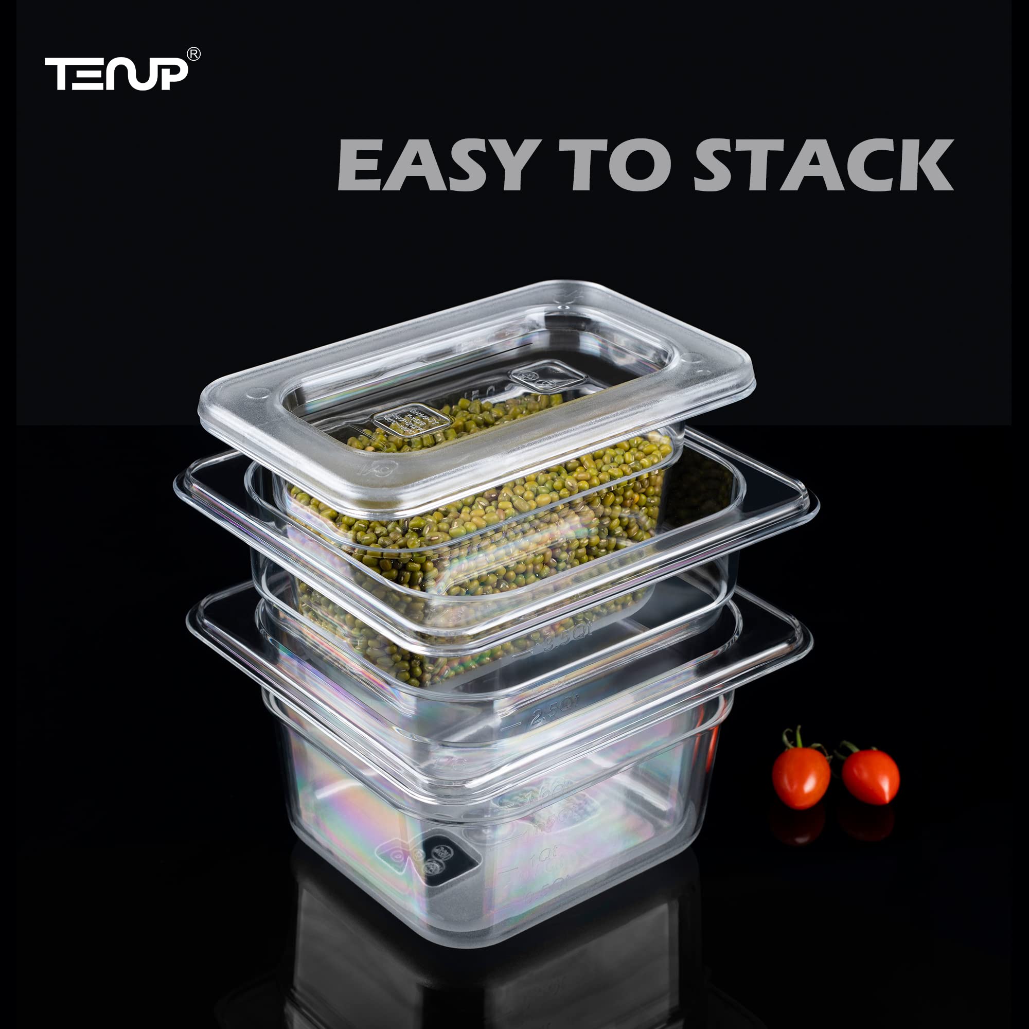 TenUp 6 Pack 1/3 Size 6'' Deep Clear Polycarbonate Food Pan with Lid, Commercial