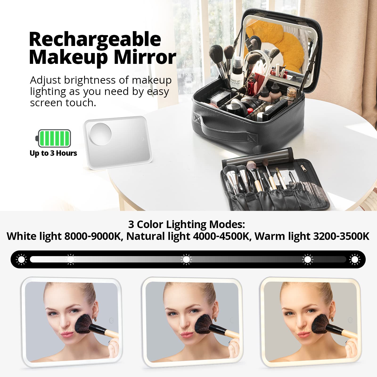 Omobolanle Makeup Bag with Mirror Led Light Detachable Portable Make up Travel Train Case with Adjustable Dividers and 10x Magnifying Mirror Black