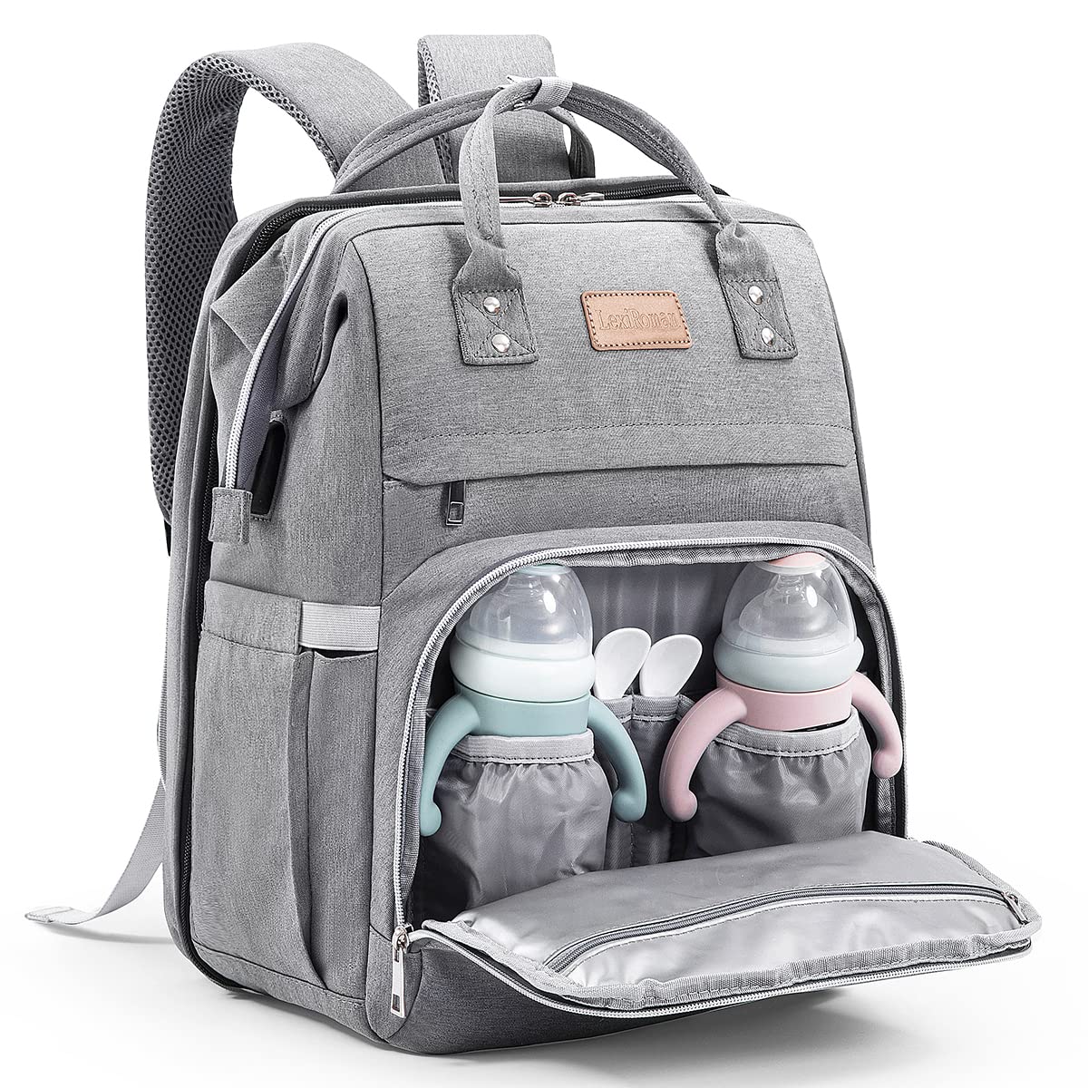 LexiRoman Diaper Bag Backpack Large Capacity Diaper Bag with Changing Pad for Boy Girl Travel for Moms Dads Baby Registry Search Shower Gifts Waterproof Gray