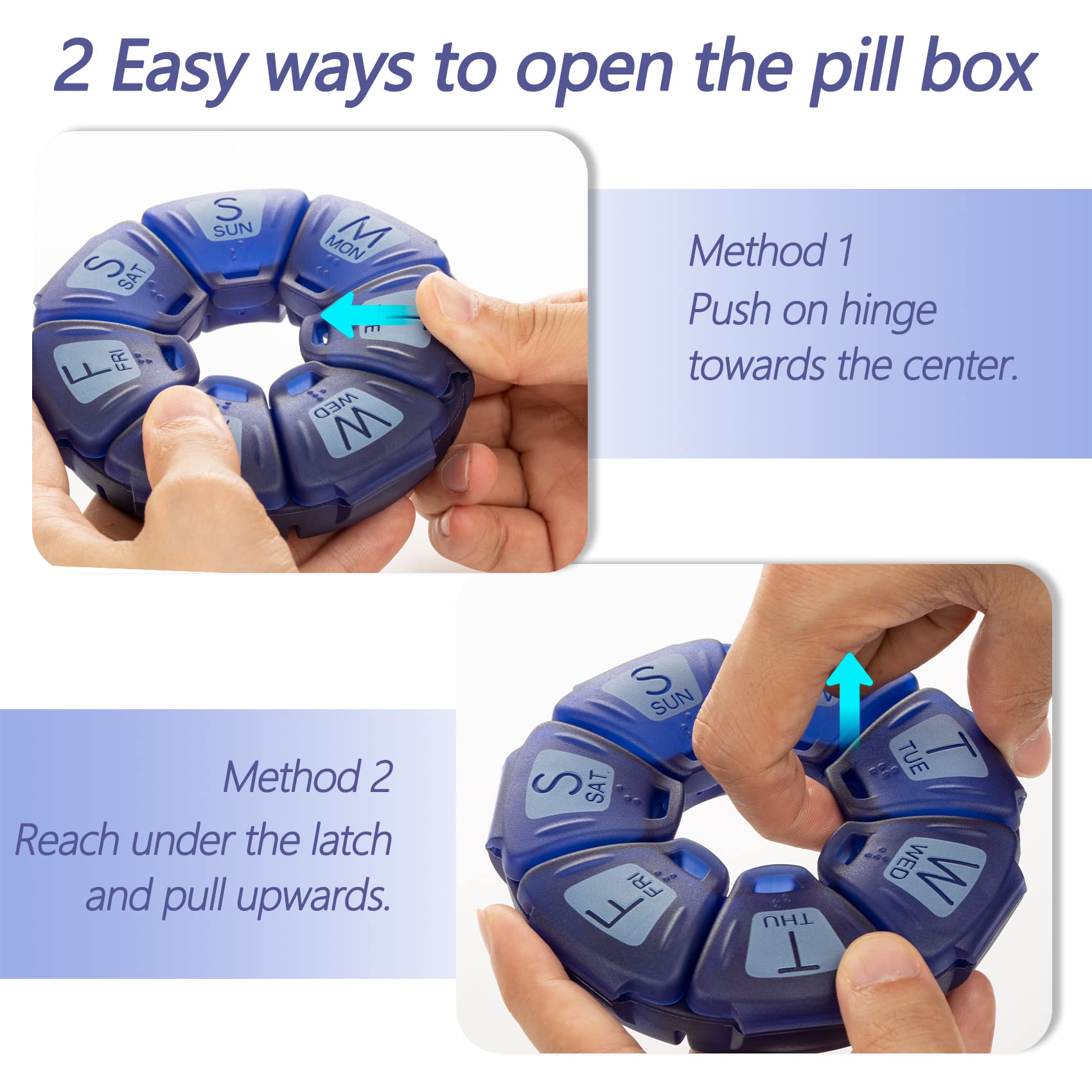 Round Weekly Pill Organizer, TPU Rubberized, Travel Pill Container 7 Day, with 7 Large Compartments, Great for Daily Vitamins & Supplements, Cute Pill Case with Large Letters and Braille (2 pcs)